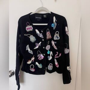 Vintage Michael Simon Embroidered and Beaded Shoe and Purse Black Cardigan